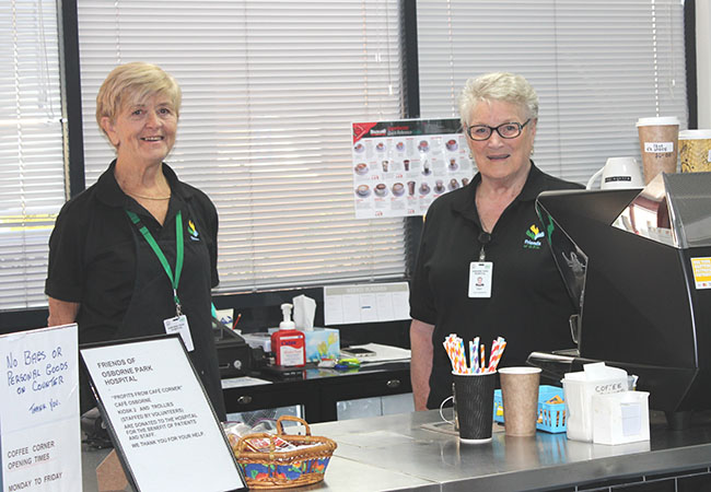 Friends of Osborne Park Hospital volunteers Carole Dalling and Pat Milne ensure staff get their daily coffee fix at "Coffee Corner".